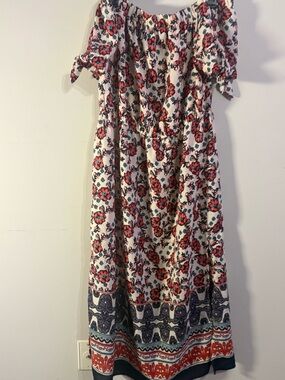 Off-Shoulder Floral Maxi Dress in Cream with Red & Navy Border